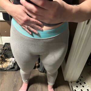 Gymshark Light Gray Leggings with Aqua Waistband